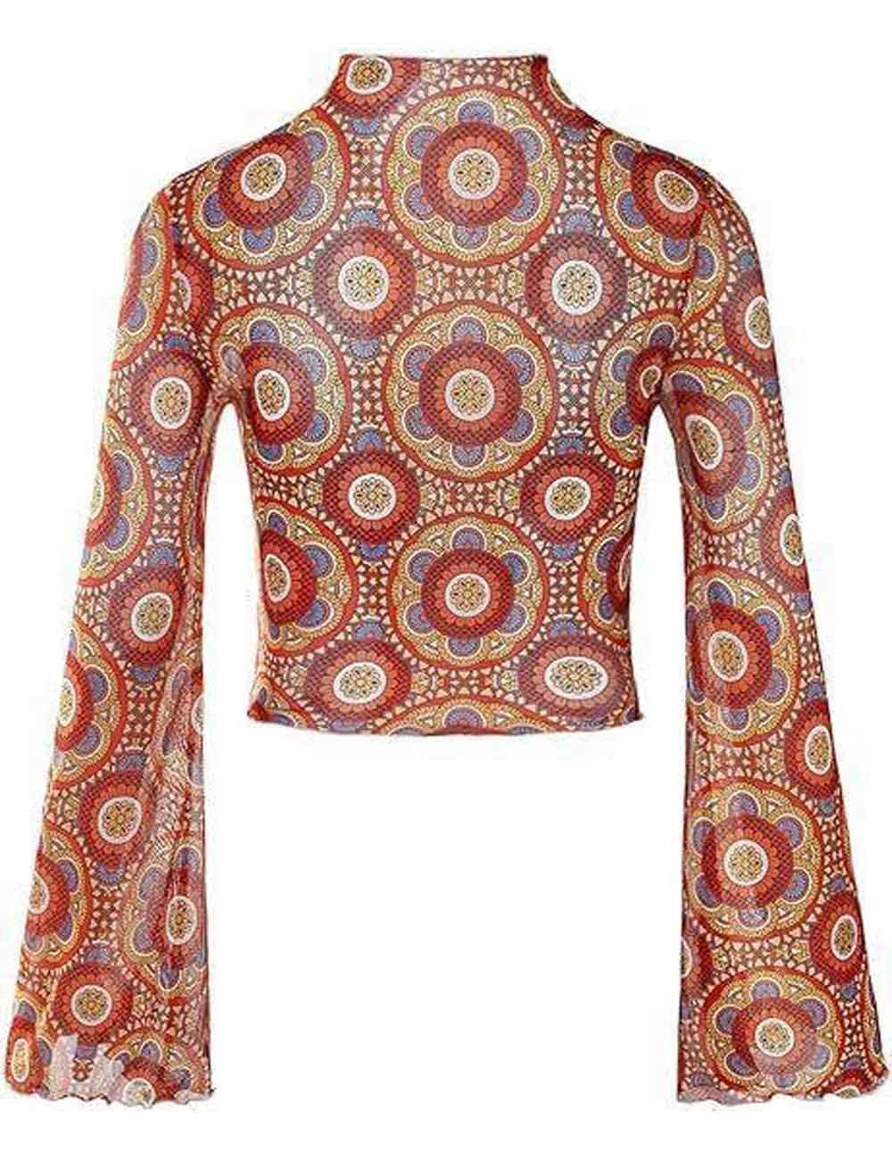 Ladies Print Flare Sleeves Mesh Top