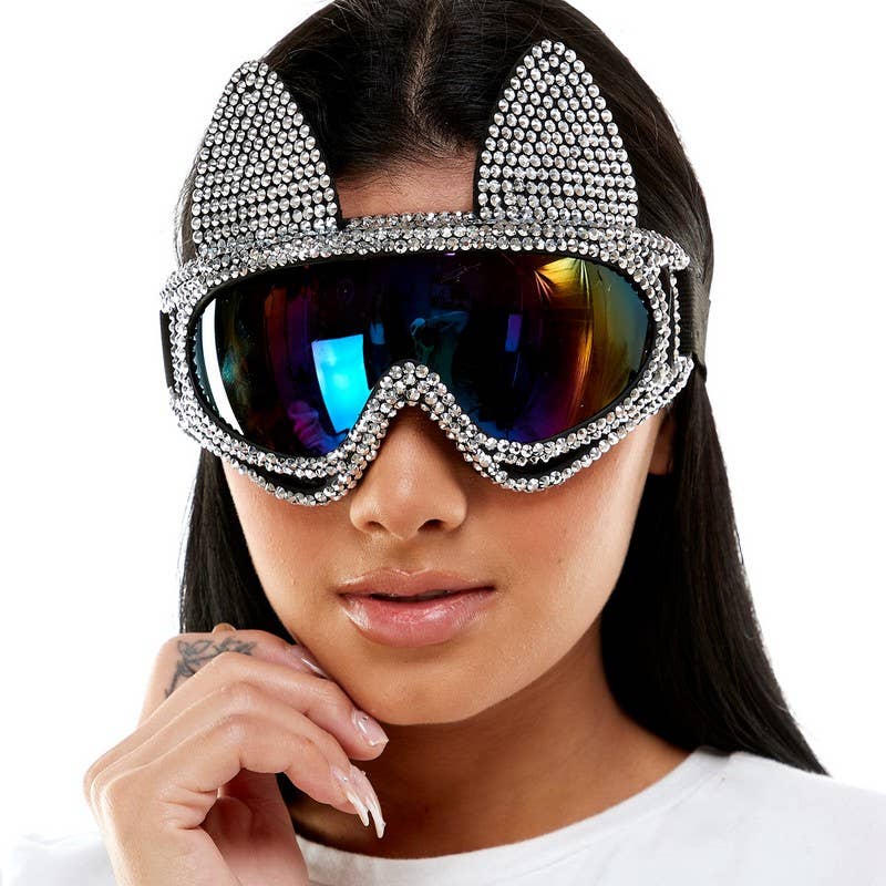 Black Silver Rhinestone Cat Goggles