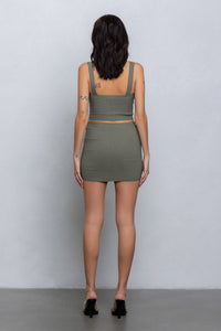 Buckle strap detail stretchy woven top or skirt