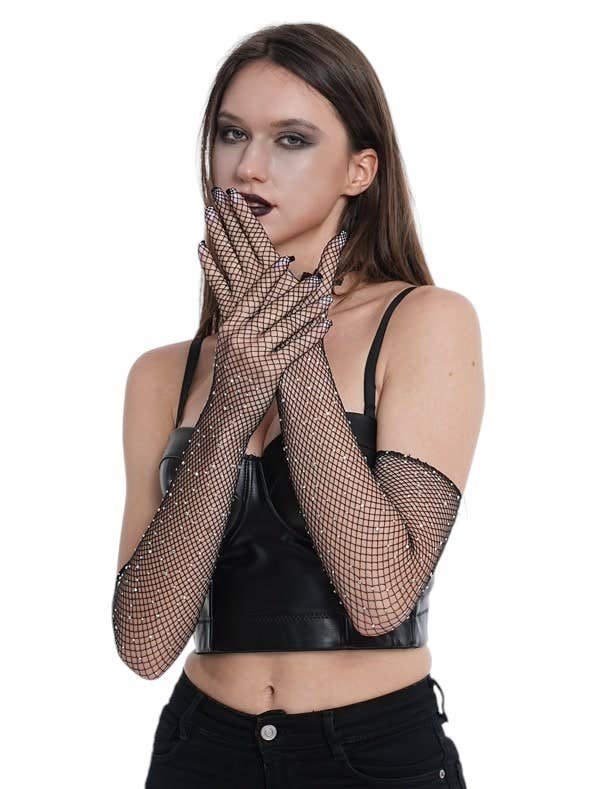 Black Rhinestone Fishnet Gloves