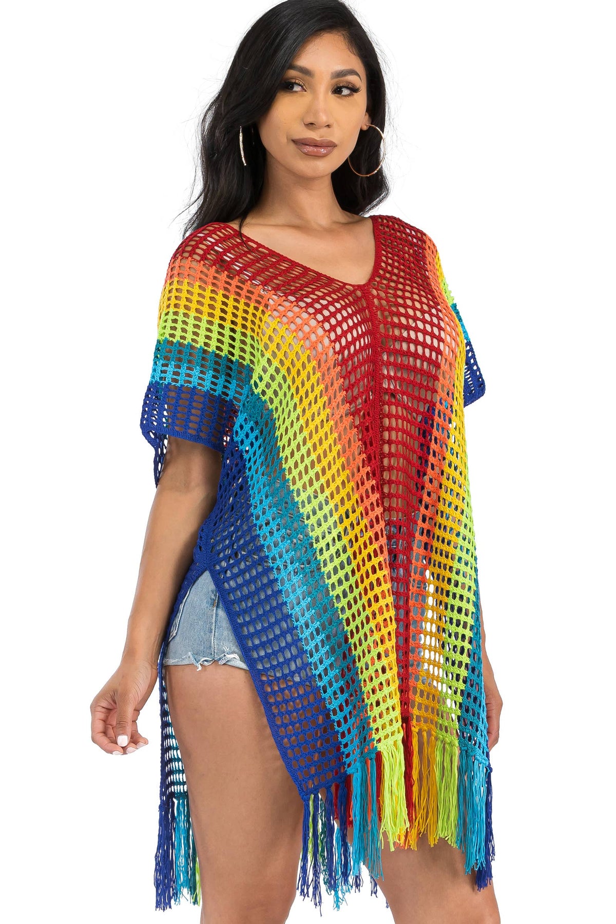 Rainbow Crochet Cage Knitted Kimono