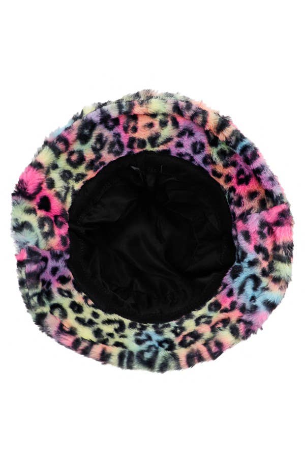 Tie Dye Leopard Patterned Faux Fur Bucket Hat