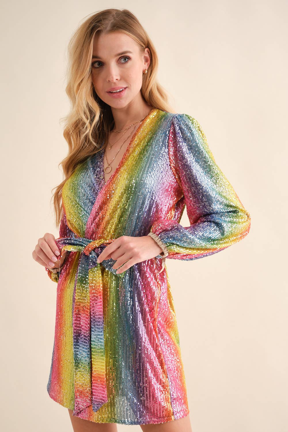 Rainbow Sequin Wrap Tie Glamour Dress