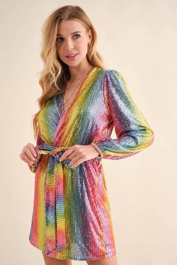 Rainbow Sequin Wrap Tie Glamour Dress