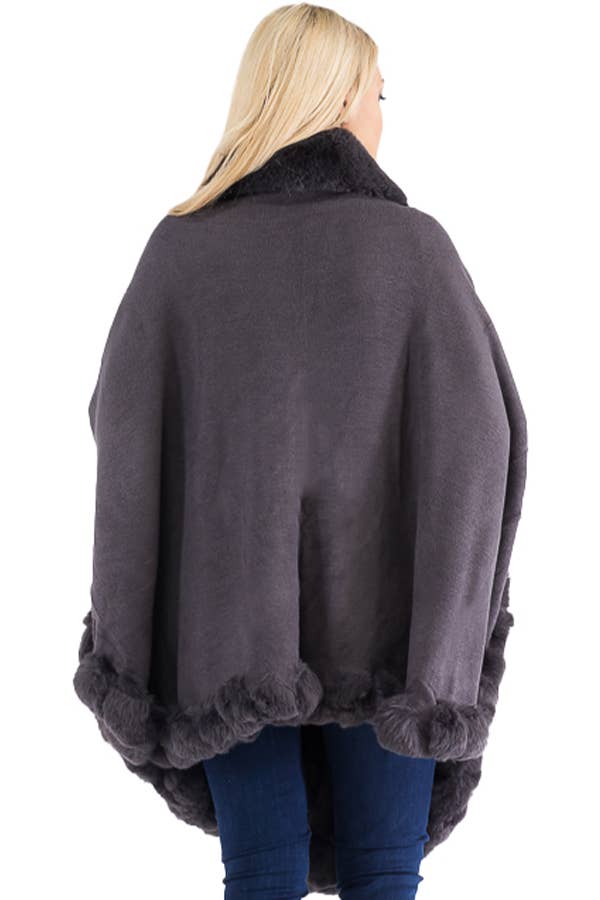 Ruffle Twisted Bubble Teddy Faux Fur Lined Open Ruana Poncho