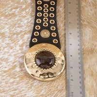Hammered Circle Buckle Studded Vegan Leather Belt