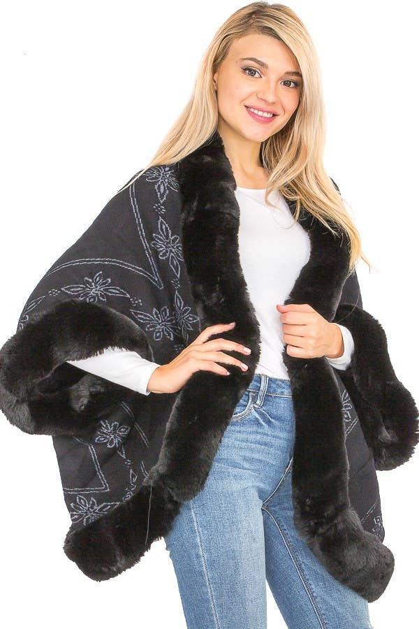Lily Floral Print Faux Fur Lined Open Silhouette Shawl Cape