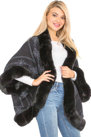 Lily Floral Print Faux Fur Lined Open Silhouette Shawl Cape
