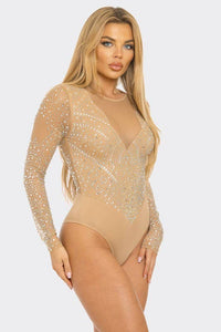 Rhinestone Mesh Long Sleeve Bodysuit
