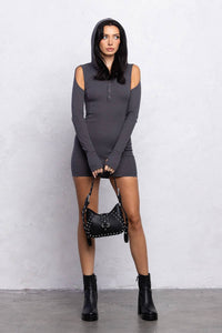 Ribbed hoodie mini dress w/ cut out details