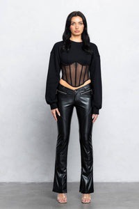 V-cut Faux leather boot-cut pants