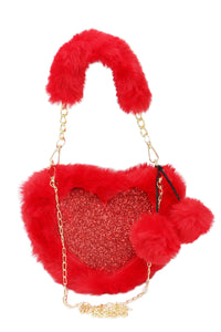 Heart Glitter Faux Fur Crossbody Shoulder Bag