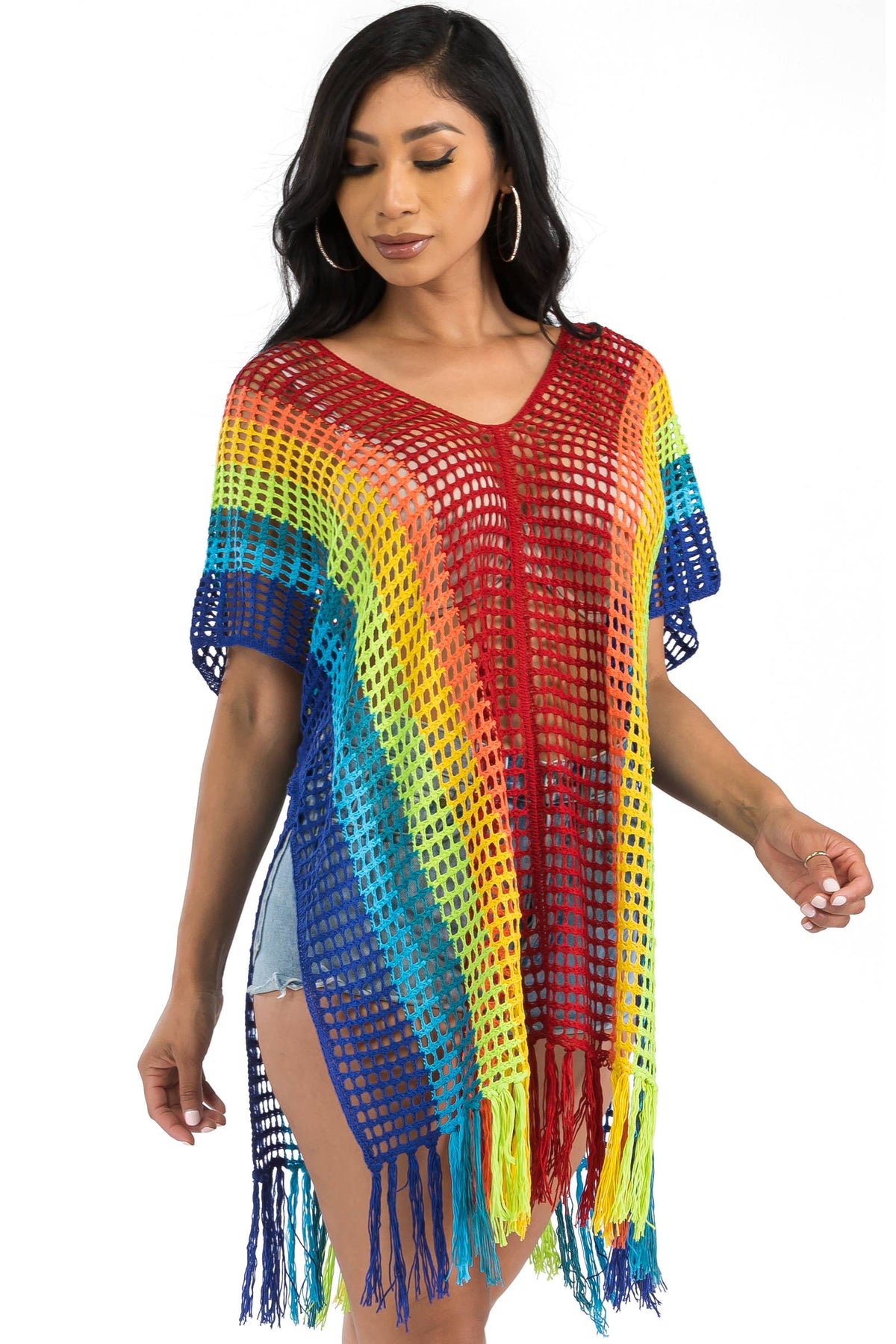 Rainbow Crochet Cage Knitted Kimono