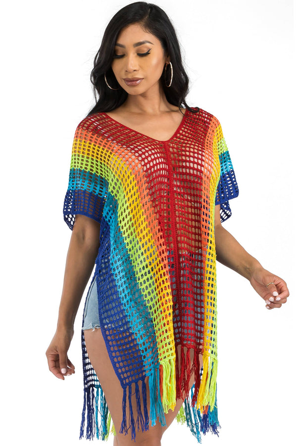 Rainbow Crochet Cage Knitted Kimono