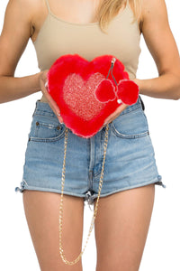 Heart Glitter Faux Fur Crossbody Shoulder Bag