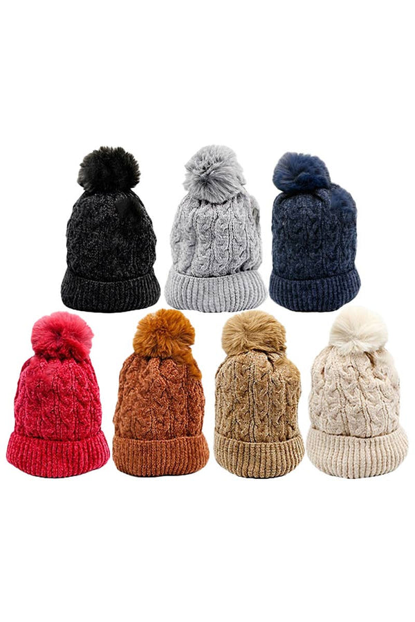 Cable Knitted Velvety Chenille Fleece Lined Beanie