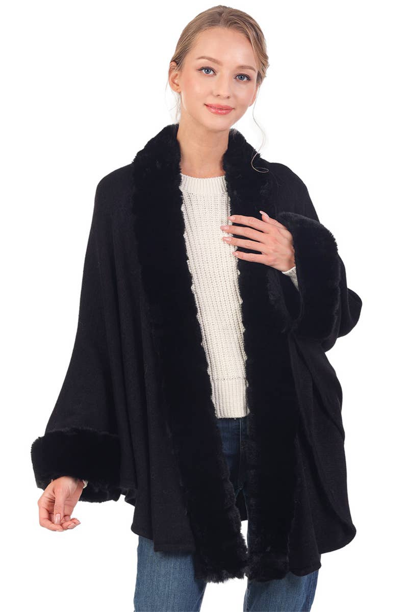 Bubble Faux Fur Trim Slit-Sided Shawl Cape Poncho