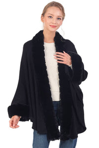 Bubble Faux Fur Trim Slit-Sided Shawl Cape Poncho