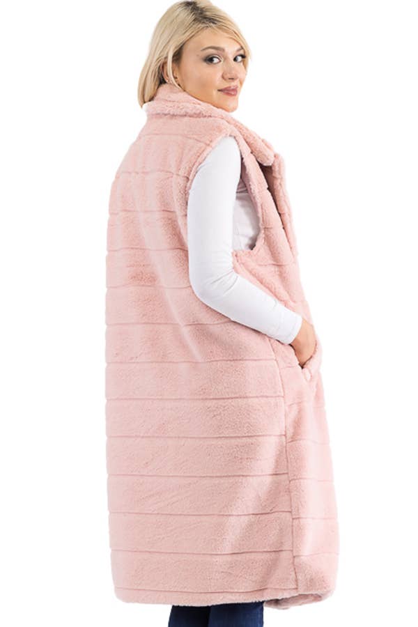 Quilted Fluffy Faux Fur Pocketed Midi-Length Vest