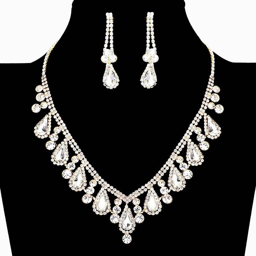 V Shape Elegant Rhinestone Necklace Set Clipon Earrings