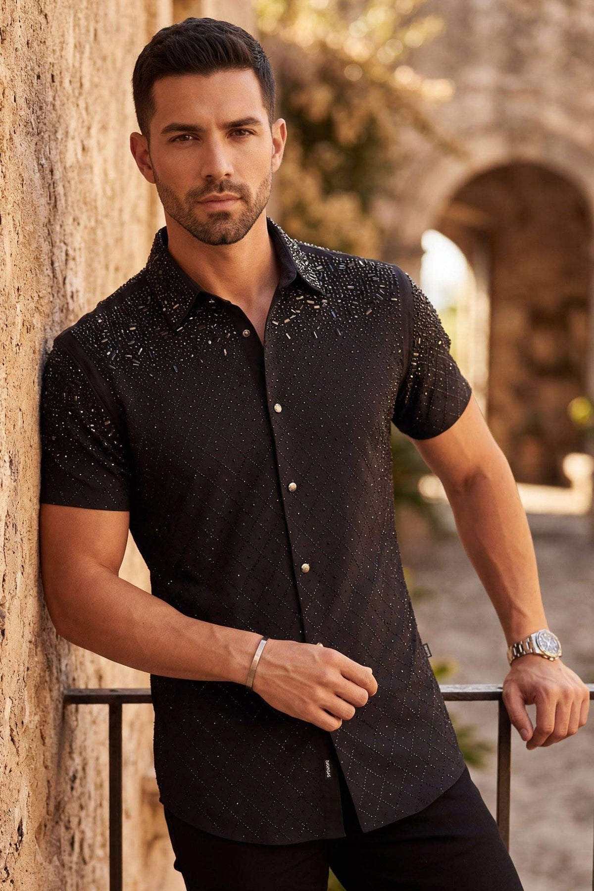 Men's Rhinestone Stretch Short Sleeve Shirt