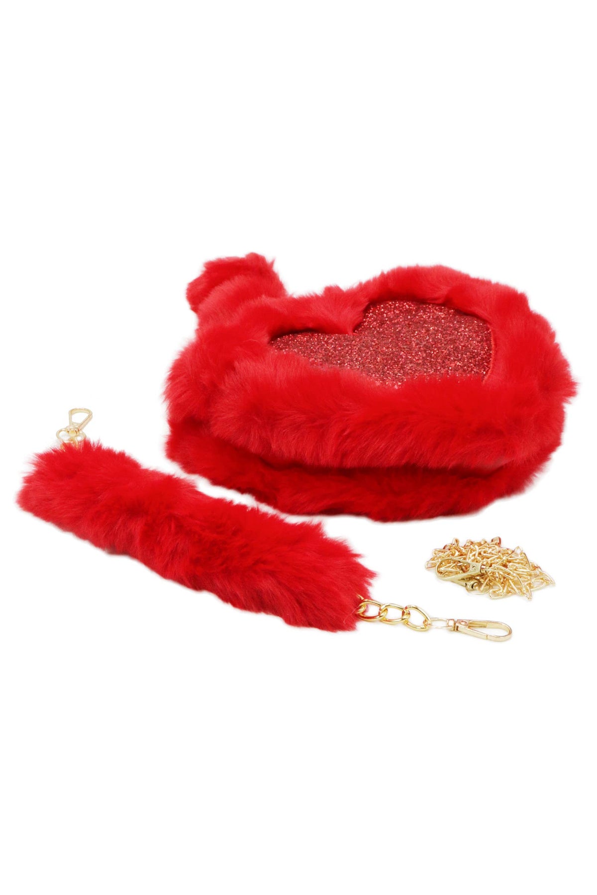 Heart Glitter Faux Fur Crossbody Shoulder Bag