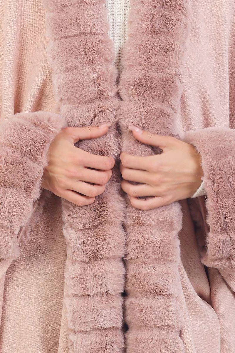 Bubble Faux Fur Trim Slit-Sided Shawl Cape Poncho