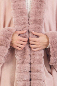 Bubble Faux Fur Trim Slit-Sided Shawl Cape Poncho