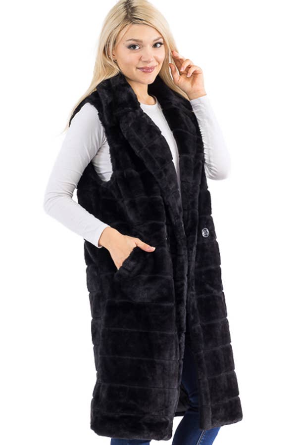 Quilted Fluffy Faux Fur Pocketed Midi-Length Vest