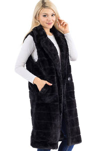 Quilted Fluffy Faux Fur Pocketed Midi-Length Vest