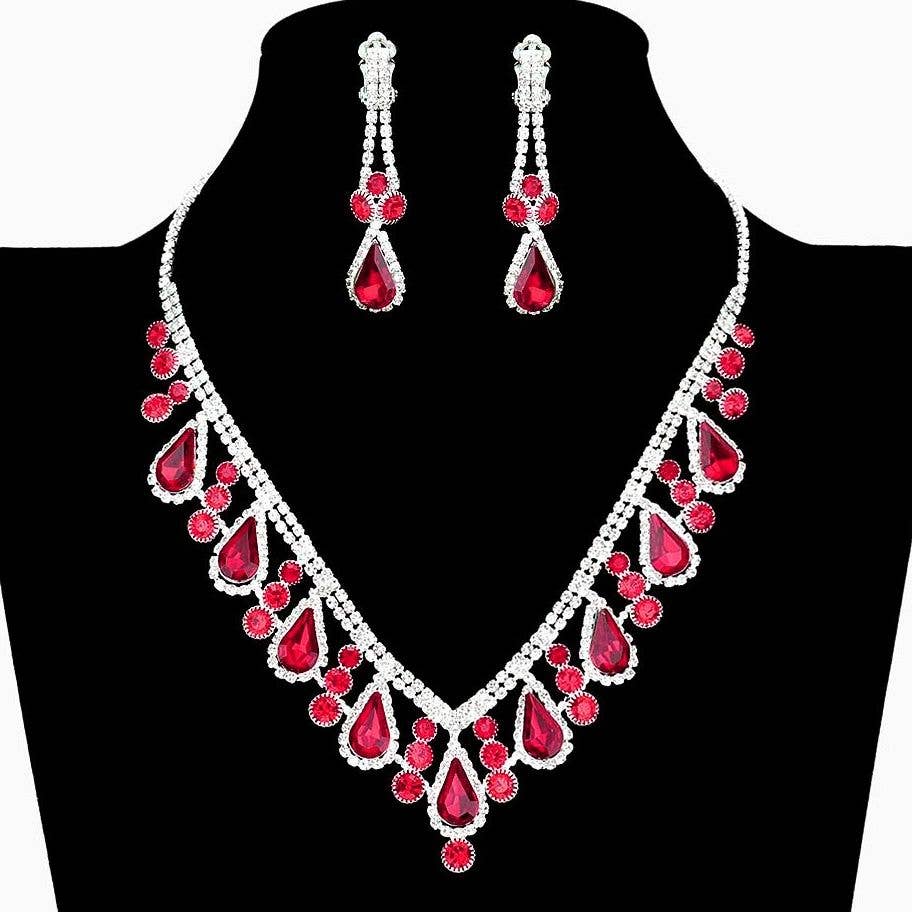 V Shape Elegant Rhinestone Necklace Set Clipon Earrings