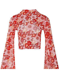 Ladies Print Flare Sleeves Mesh Top