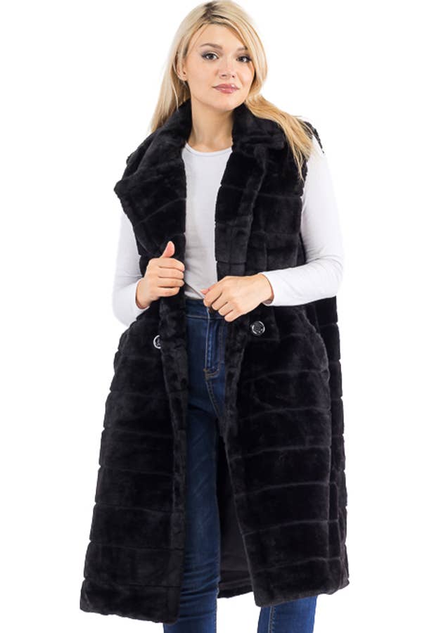 Quilted Fluffy Faux Fur Pocketed Midi-Length Vest
