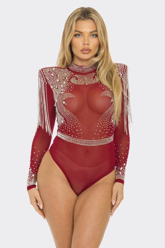 Rhinestone Sheer Mesh Bodysuit