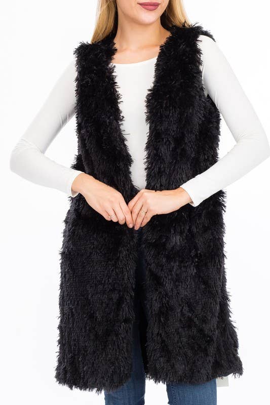 Glossy Faux Fur Long Vest