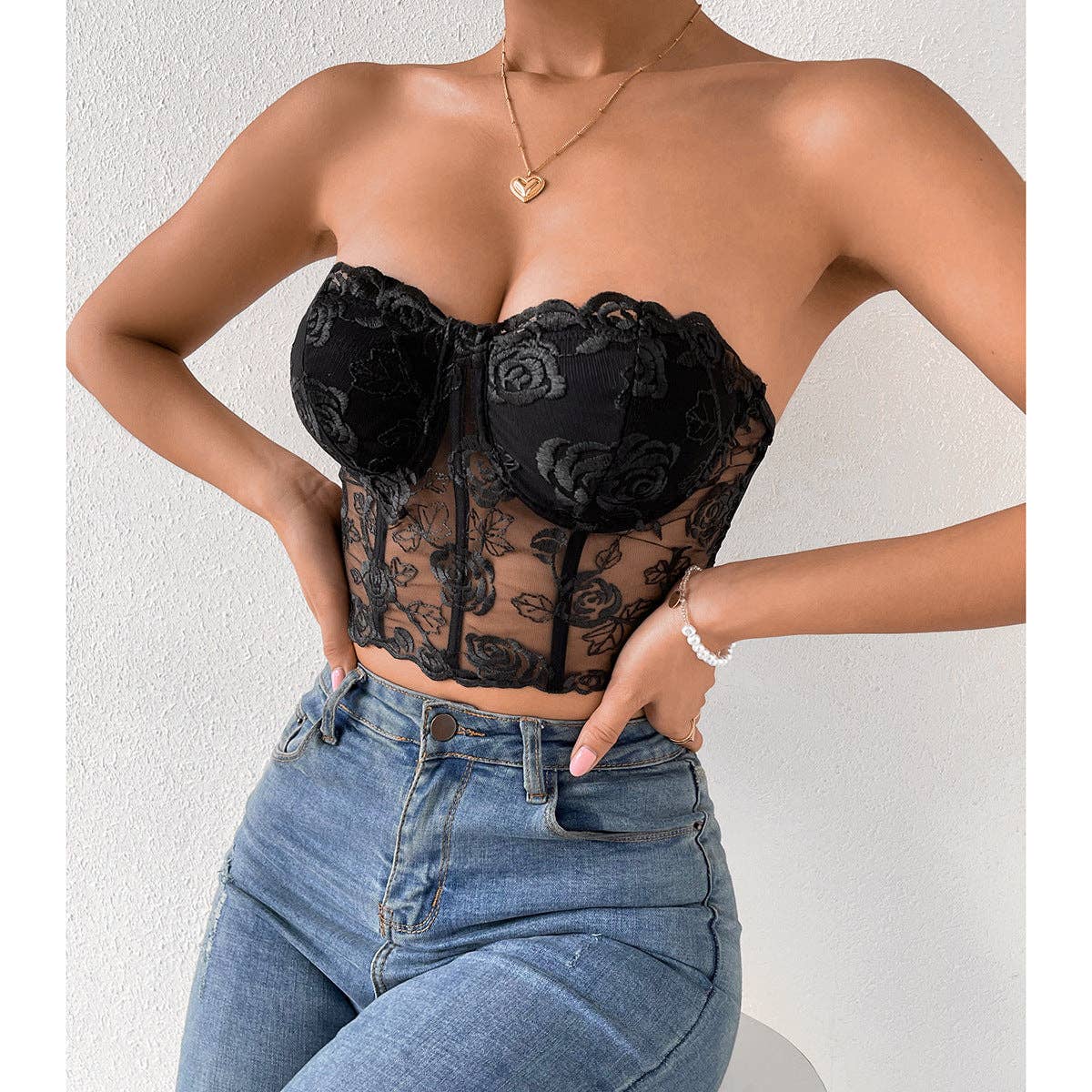Rose Lace Strapless Bustier