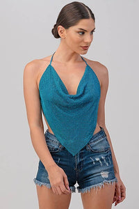 Metallic Rhinestone Backless Cowl Neck Crop Top