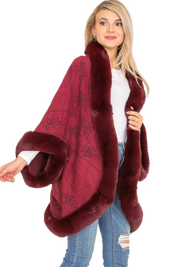 Lily Floral Print Faux Fur Lined Open Silhouette Shawl Cape