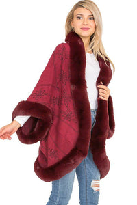 Lily Floral Print Faux Fur Lined Open Silhouette Shawl Cape