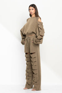 Mens Cut out legs fleece straight pants