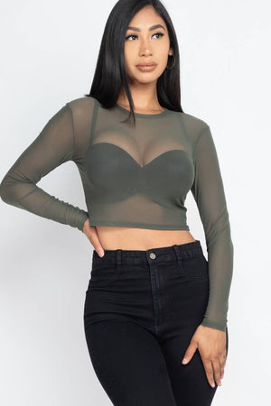 Solid Mesh Sheer Crop Top