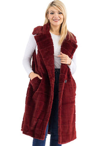 Quilted Fluffy Faux Fur Pocketed Midi-Length Vest