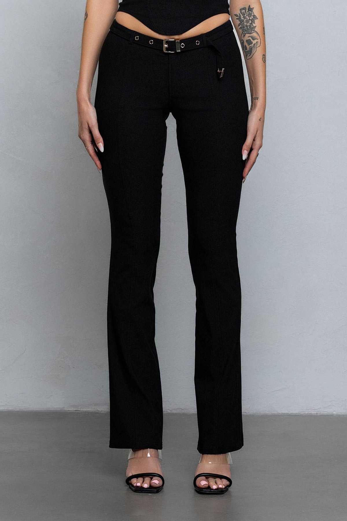 Buckle strap detail stretchy woven pants