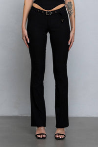 Buckle strap detail stretchy woven pants