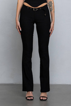 Buckle strap detail stretchy woven pants
