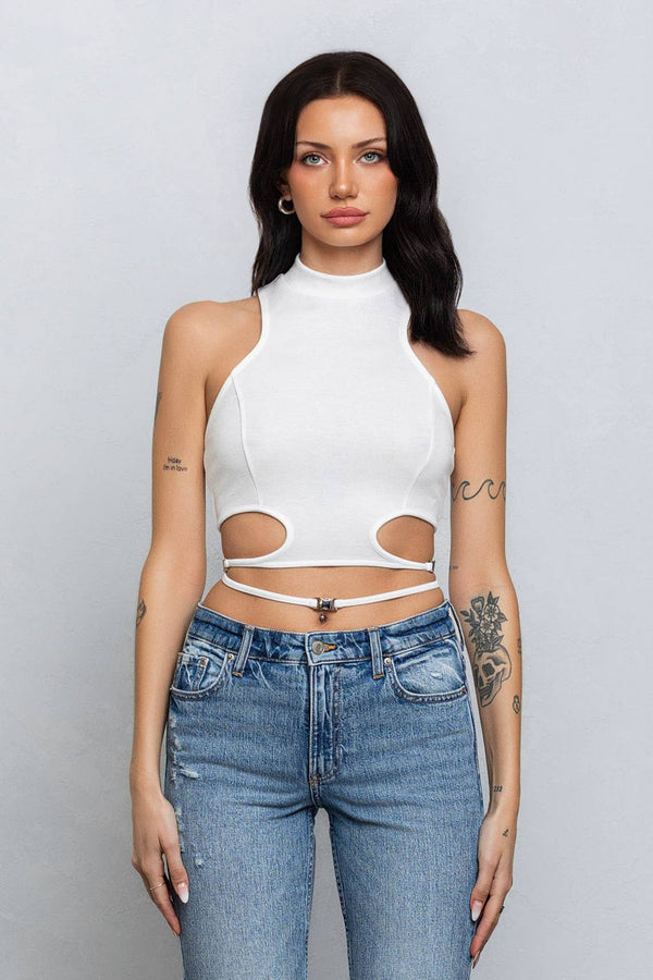 Crop jersey cut out tank top w/ clasp tie detail