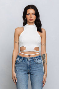 Crop jersey cut out tank top w/ clasp tie detail