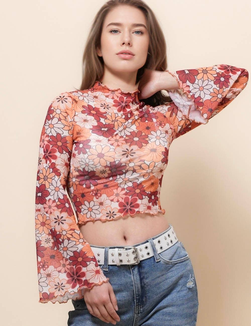 Ladies Print Flare Sleeves Mesh Top