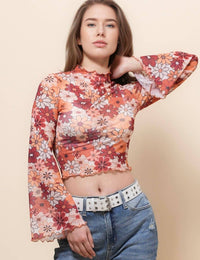 Ladies Print Flare Sleeves Mesh Top
