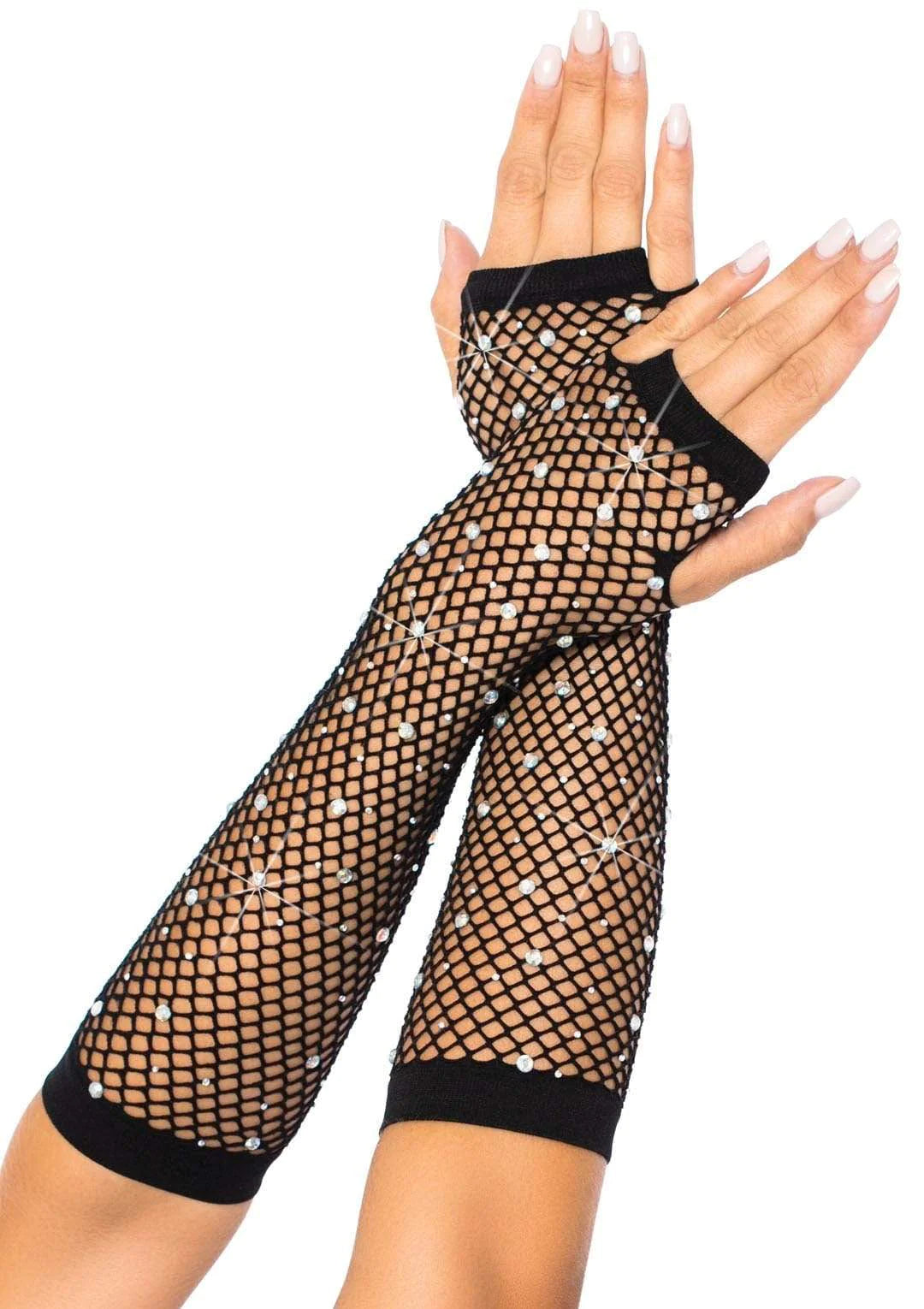 Rhinestone Fishnet Fingerless Gloves